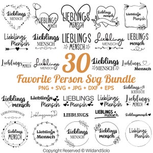 Könnte beinhalten: Ein Set mit 30 Schwarzweiß-SVG-Designs mit dem deutschen Satz "Lieblings Mensch", der mit "Lieblingsmensch" übersetzt wird. Die Designs sind in verschiedenen Stilen gehalten, darunter Herzen, Kränze und Banner. Die Designs eignen sich perfekt für die Erstellung personalisierter Geschenke, Wohnaccessoires und mehr.