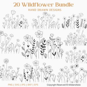 Pacote com 20 flores silvestres em formato SVG, Prado de flores em formato SVG, Moldura floral em formato SVG, Desenho de flores em formato SVG, Flores silvestres em formato SVG, Flores silvestres desenhadas à mão, Download instantâneo