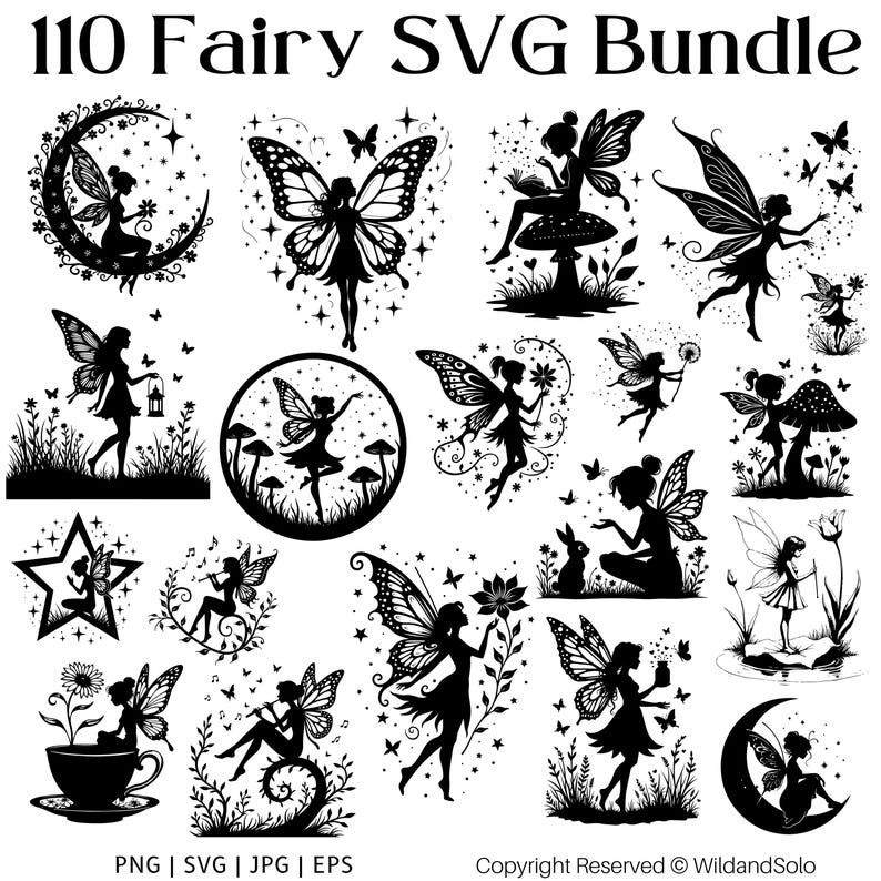 May include: A collection of 110 fairy-themed SVG designs in black and white. The images include fairies with butterfly wings, sitting on moons, reading books, and interacting with nature. The text "110 Fairy SVG Bundle" is at the top.