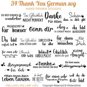 May include: A collection of 34 German thank you SVG designs in black script. The phrases include "Danke", "Du bist", and "Lieblingsmensch", among others. The words are surrounded by hearts and other decorative elements.