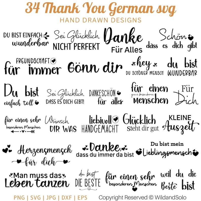 May include: A collection of 34 German thank you SVG designs in black script. The phrases include "Danke", "Du bist", and "Lieblingsmensch", among others. The words are surrounded by hearts and other decorative elements.