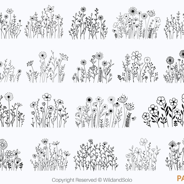 Lot de 28 fleurs sauvages svg, svg fleurs sauvages, bouquet Svg, svg monogramme fractionné, svg croquis de fleurs, svg floral, svg nature, svg cadre floral