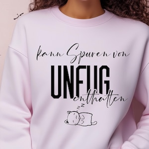 May include: Pink sweatshirt with black text that reads "kann Spuren von UNFLUG enthalten" and a small black and white cartoon cat sleeping.