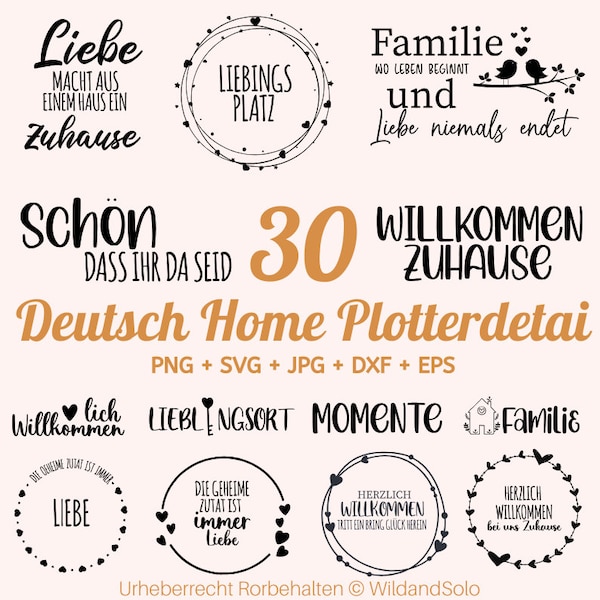 30 Home Schriftzug Sprüche svg, Blatt Banner Herz svg, Haus Herz Liebe Botanische svg, German Home Plotter, Kranz Familie Willkommen