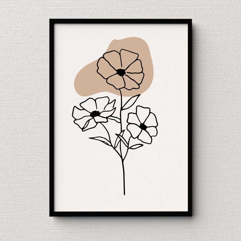 May include: A black and white line drawing of three flowers with a brown abstract shape behind them. The flowers are stylized and have a simple design.