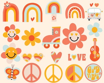 May include: A collection of retro-style illustrations featuring rainbows, flowers, a roller skate, a van, and peace signs. The color palette includes orange, yellow, pink, and blue on a cream background. The word "LOVE" is also included.