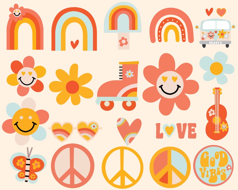 Puede incluir: Colecci&oacute;n de ilustraciones de estilo retro con arco&iacute;ris, flores, un pat&iacute;n, una furgoneta y s&iacute;mbolos de la paz. La paleta de colores incluye naranja, amarillo, rosa y azul sobre un fondo crema. Tambi&eacute;n se incluye la palabra "LOVE".