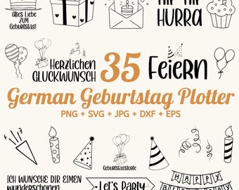 35 Geburtstag Plotterdatei svg Bundle, Birthday Plotter File, Alles Gute zum Geburtstag svg, Geburtstag Schriftzug svg, Kuchen svg