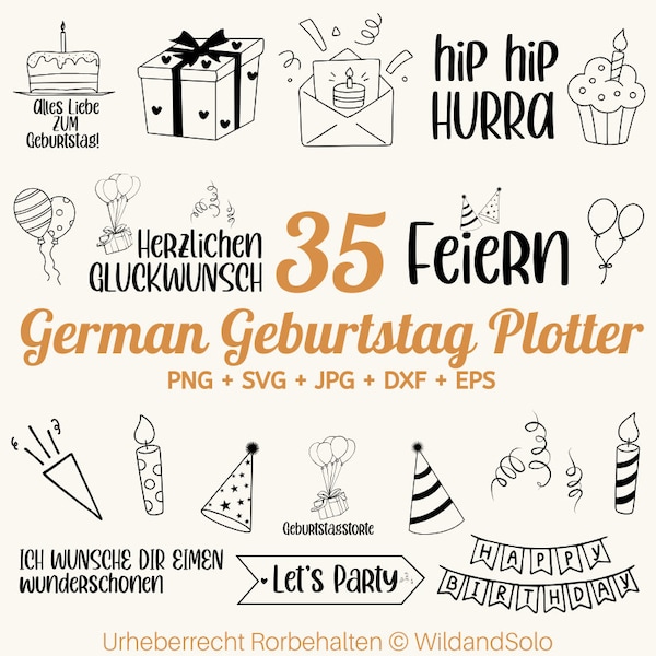 35 Geburtstag Plotterdatei svg Bundle, Birthday Plotter File, Alles Gute zum Geburtstag svg, Geburtstag Schriftzug svg, Kuchen svg