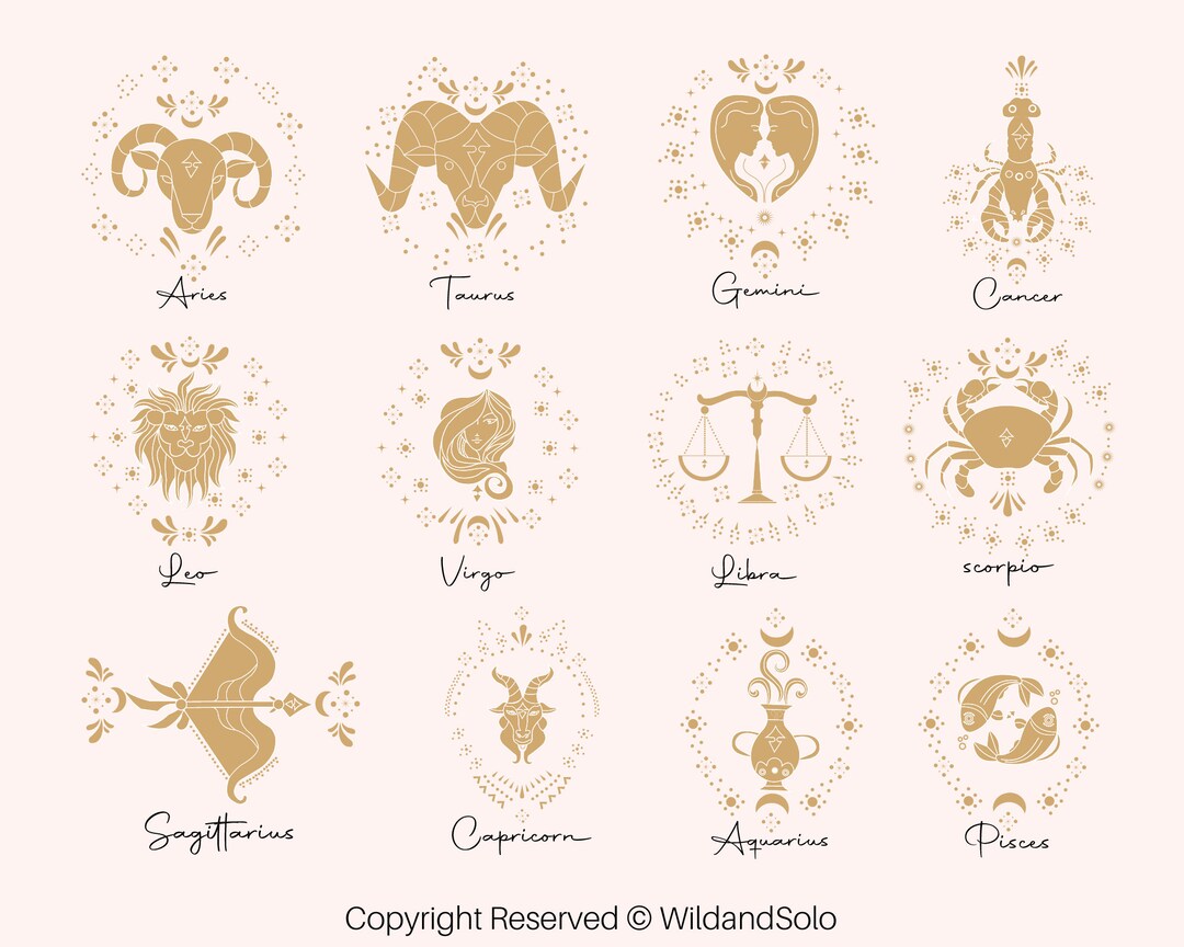 Zodiac Signs With Name Svg Bundle, Celestial Star Sign, Astrology Svg