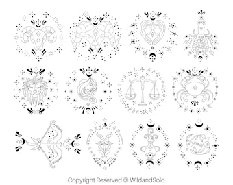 12 Outline Zodiac Signs SVG Bundle, Floral Zodiac sign Svg, Astrology svg, star sign svg, Zodiac Symbols, Celestial Star Sign svg, Horoscope