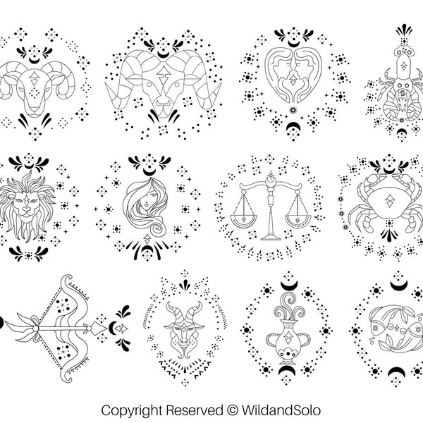 12 Outline Zodiac Signs SVG Bundle, Floral Zodiac sign Svg, Astrology svg, star sign svg, Zodiac Symbols, Celestial Star Sign svg, Horoscope