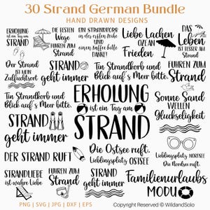 May include: A black and white graphic design bundle with 30 different designs featuring text in German about the beach. The text includes phrases like "Erholung ist ein Tag am Strand" and "Strand geht immer".