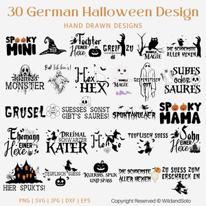 Puede incluir: Una colección de 30 diseños de Halloween dibujados a mano en blanco y negro con texto alemán. Los diseños presentan personajes espeluznantes, calabazas y otras imágenes de Halloween. El texto incluye frases como "Spooky Mini", "Kleines Monster", "Suesse sonst gibt's saures!" y "Die schoenste aller Hexen".