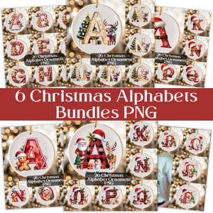 Könnte beinhalten: Eine Sammlung von Weihnachts-Alphabet-Ornamenten. Jedes Ornament zeigt einen Buchstaben, festliche Designs und Weihnachtsfiguren wie den Weihnachtsmann und Rentiere. Die Ornamente sind rund und haben einen goldenen Faden zum Aufhängen. Der Text "6 Christmas Alphabets Bundles PNG" ist sichtbar.