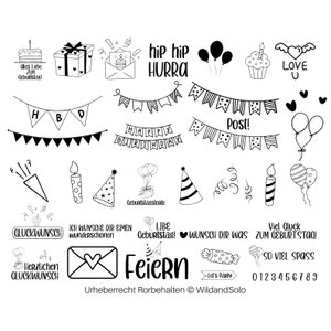 May include: Black and white illustrations of birthday party elements, including balloons, cake, candles, hats, banners, and confetti. The text "Hip Hip Hurra", "Happy Birthday", "Post!" and "Love U" are included in the image.