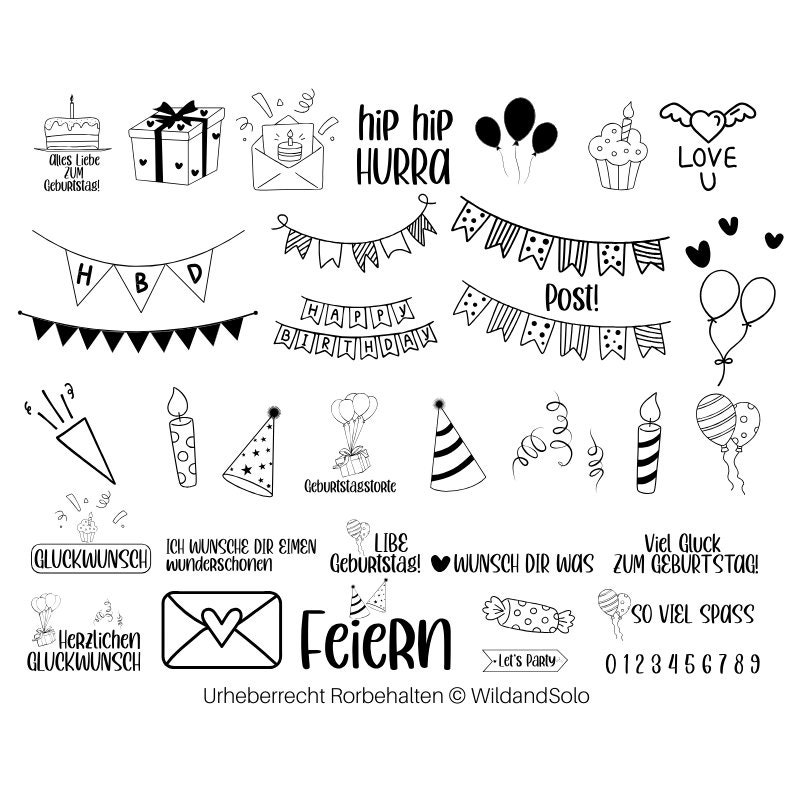 Może przedstawiać: Czarno-białe ilustracje element&oacute;w urodzinowych, w tym balon&oacute;w, tortu, świec, czapek, baner&oacute;w i konfetti. Obraz zawiera tekst "Hip Hip Hurra", "Happy Birthday", "Post!" i "Love U".
