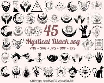 以下が含まれることがあります： 白黒の神秘的なSVGイラスト45点セット。イラストには、月、星、手、猫、クリスタル、その他の神秘的なシンボルが含まれています。PNG、SVG、JPG、DXF、EPSファイル形式が含まれています。