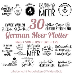 30 traceur Meer allemand, lot de svg citations lac, Sprüche vom ruhigen See, Inspirierende Meer essprüche, fichier traceur Maritim, traceur Möwen