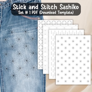 Peut inclure: Un jean bleu avec des broderies noires en forme d'éclats d'étoiles. L'image présente également quatre modèles de motifs Sashiko blancs et noirs avec des motifs géométriques et floraux. Le texte sur l'image indique "Stick and Stitch Sashiko Set #1 PDF (Download Template)".