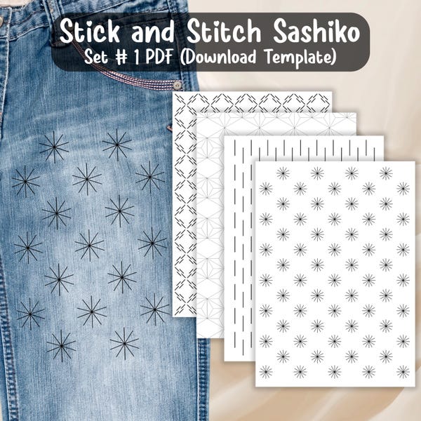 Set Stick and Stitch Sashiko Pattern, Embroidery Patterns, Clothing repair patterns, Sashiko Embroidery, Hand stitched sashiko
