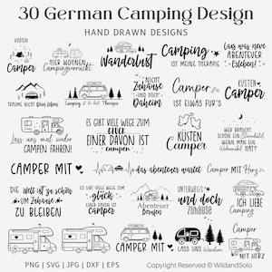 30 Svg de camping en alemán, 30 diseños alemanes, frases de camping, citas en alemán, refranes en Svg, archivo para plotter en alemán, corte para Cricut, silueta