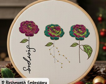 Handbroderimönster med blomma, 12 månaders födelse, Stick and Stitch | Utskrivbar blomma med födelsemånad | Broderimönster gör-det-själv | Direktnedladdning