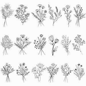 May include: A set of 18 black and white line drawings of various floral bouquets. Each bouquet features different types of flowers and leaves, arranged in a simple and elegant style.