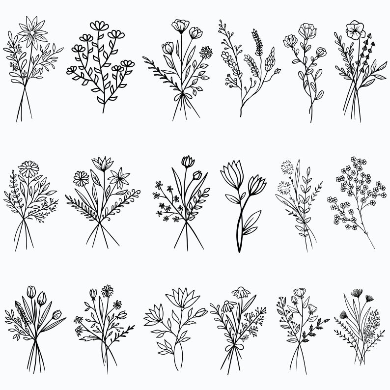 May include: A set of 18 black and white line drawings of various floral bouquets. Each bouquet features different types of flowers and leaves, arranged in a simple and elegant style.