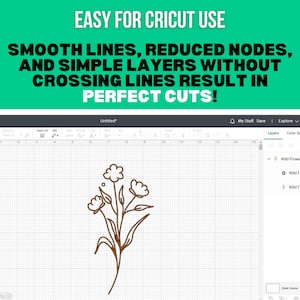May include: A screenshot of a design software program showing a brown line drawing of a bouquet of wildflowers. The design is on a grid background. The software interface is visible on the right side of the image. The text "Untitled*" is visible at the top of the screen.