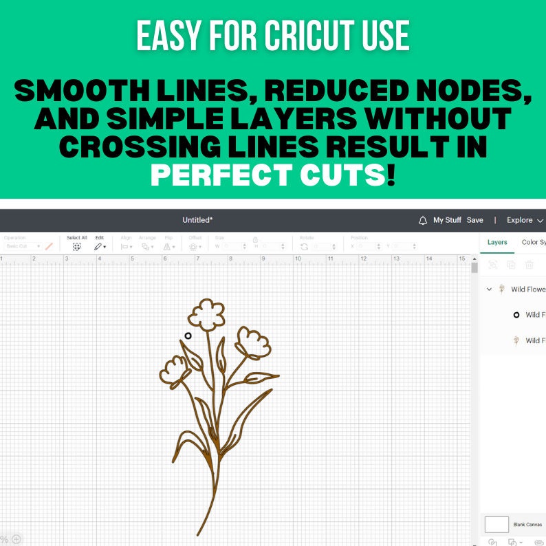 May include: A screenshot of a design software program showing a brown line drawing of a bouquet of wildflowers. The design is on a grid background. The software interface is visible on the right side of the image. The text "Untitled*" is visible at the top of the screen.