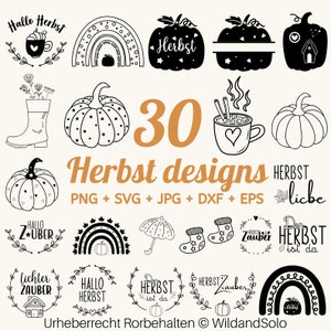 Op de afbeelding: Een set van 30 zwart-witte herfst-illustraties, waaronder pompoenen, regenbogen, bladeren, een laars, een mok en een huis. De tekst "Herbst designs" staat in oranje bovenaan de afbeelding. De tekst "PNG + SVG + JPG + DXF + EPS" staat onder de titel. De tekst "HERBST liebe" staat in de rechterbenedenhoek van de afbeelding.