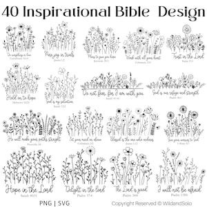 Paquete de 40 versículos bíblicos inspiradores en formato SVG, flores silvestres de la Biblia en formato SVG, escrituras en formato SVG, flores en formato SVG, ella es fuerte, imágenes prediseñadas cristianas en formato PNG