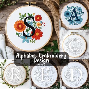 Broderie alphabet floral motif fleurs, broderie alphabet floral motif, broderie alphabet main, Alphabet numérique cousu main