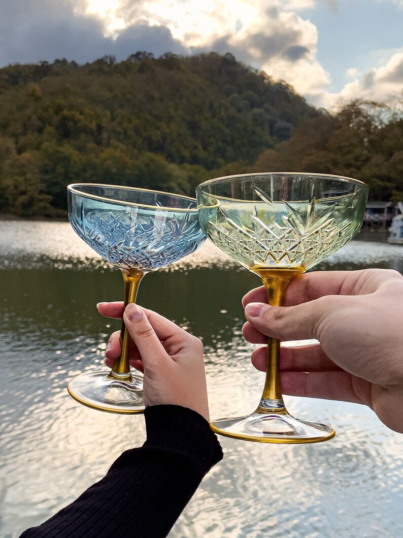 Set of 2 Vintage Colored Cocktail Champagne Coupe Glasses - Large Martini Wine - Gold Stem Thanksgiving Christmas Celebration Pink Glasses
