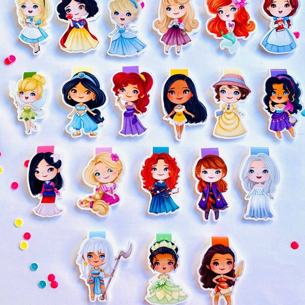 Signets magnétiques Princesses Disney, Belle, Aurore, Jasmine, Raiponce, Blanche-Neige, Alice, Mulan, Megara, Vaiana, Ariel, Tiana...