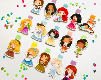 Bookmark Magnetic Disney princesses with pets. Belle, Mulan, Jasmine, Elsa, Anna, Rapunzel, Ariel, Tiana, Cinderella, Snow White.