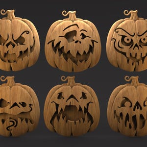 Peut inclure: Six citrouilles en bois sculptées avec différentes faces effrayantes. Chaque citrouille a une expression unique, avec des yeux, des nez et des bouches sculptés. Les citrouilles sont de couleur brun clair et sont disposées en deux rangées de trois.