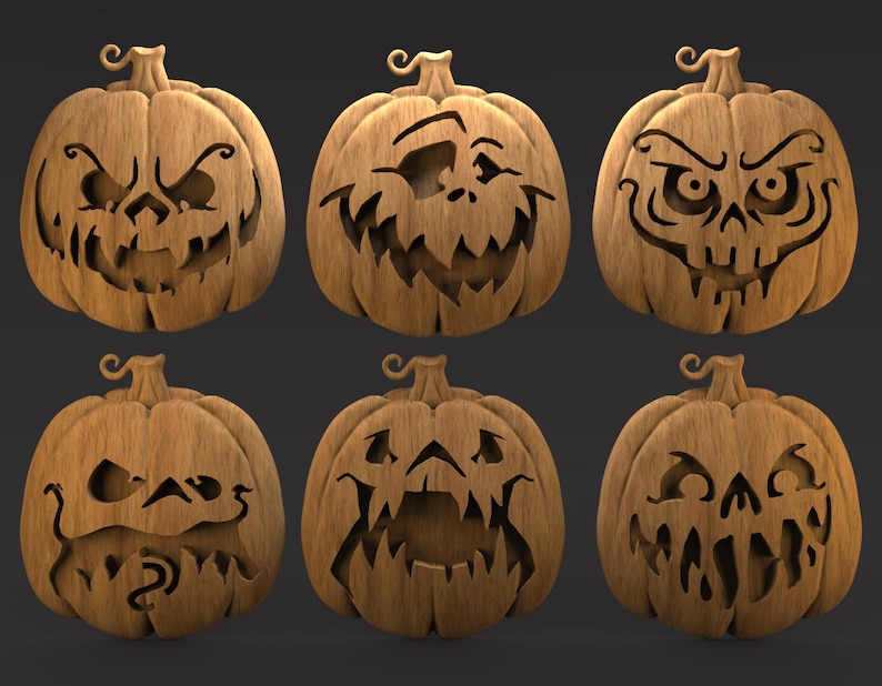 May include: Six wooden carved pumpkins with various spooky faces. Each pumpkin has a unique expression, with carved eyes, noses, and mouths. The pumpkins are a light brown color and are arranged in two rows of three.