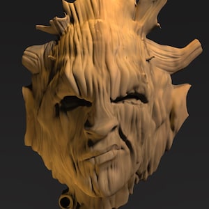 May include: A detailed, 3D-rendered sculpture of a face, crafted to resemble wood. The face has a furrowed brow, a slightly crooked smile, and textured details that mimic the grain of wood. The sculpture is a light brown color.