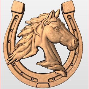 May include: Wooden carving of a horse head within a horseshoe. The horse's mane flows gracefully, and the horseshoe has visible nail holes. The carving is in a natural wood tone, suggesting a rustic or country theme.