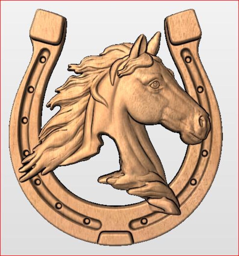 May include: Wooden carving of a horse head within a horseshoe. The horse's mane flows gracefully, and the horseshoe has visible nail holes. The carving is in a natural wood tone, suggesting a rustic or country theme.