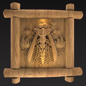 Puede incluir: Arte de pared de madera tallada con un diseño de insecto estilizado. La obra de arte está enmarcada con un borde de madera rústica e incluye detalles tallados de árboles, nubes y un patrón similar al agua. El insecto tiene alas grandes y un cuerpo detallado.