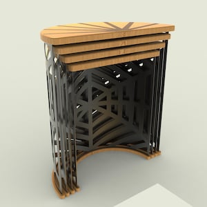 May include: A set of four nesting tables with a geometric design. The tabletops are light brown with a sunburst pattern, and the frames are black with a repeating triangular pattern. The tables are designed to fit inside each other.