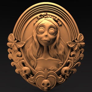 May include: A tan-colored, oval-shaped relief sculpture featuring a stylized female figure with large eyes and long hair. The design includes butterflies, skulls, and ornate floral elements, creating a gothic aesthetic.