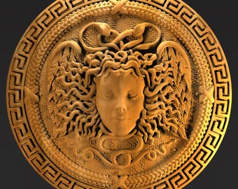 May include: A circular relief sculpture depicting Medusa, with snakes for hair, wings, and a Greek key border. The sculpture is a warm, golden colour, with intricate details and textures. The design is classical and mythological, with a detailed, carved appearance.