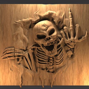 May include: A wooden carving of a skeleton breaking through a wooden panel. The skeleton has a skull, rib cage, and arms, with one hand giving the middle finger. The carving is in shades of brown and tan, with detailed textures.