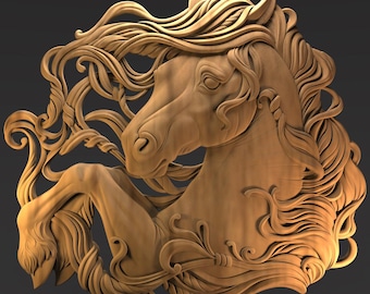 May include: A detailed wooden carving of a horse's head and upper body, surrounded by flowing mane and decorative floral elements. The horse is depicted in a dynamic pose, with intricate details and a natural wood finish.
