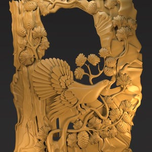 May include: A detailed, three-dimensional relief sculpture in a warm, golden-brown hue. The artwork features a bird with outstretched wings perched on a branch, surrounded by pine cones and foliage. The design is framed by a naturalistic arch.