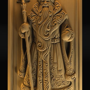 May include: A wooden relief carving of a figure in a long coat and hat, holding a staff with a star-shaped top. The carving is detailed with swirling patterns and snowflake accents, set within a rectangular frame.